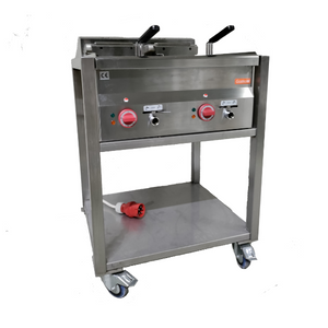 Afbeelding van een staande 380V frituur met twee friteusebakken van 12 liter, ideaal voor het bereiden van snacks op feesten en evenementen.